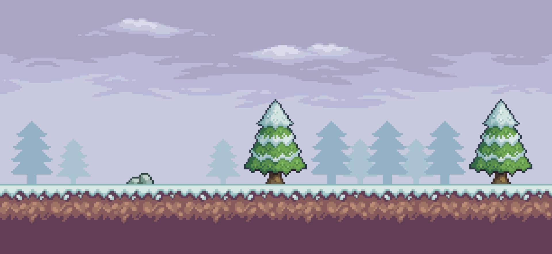 Pixelkunst-Spielszene im Schnee mit Kiefern, Wolken und Stein 8-Bit-Hintergrund vektor