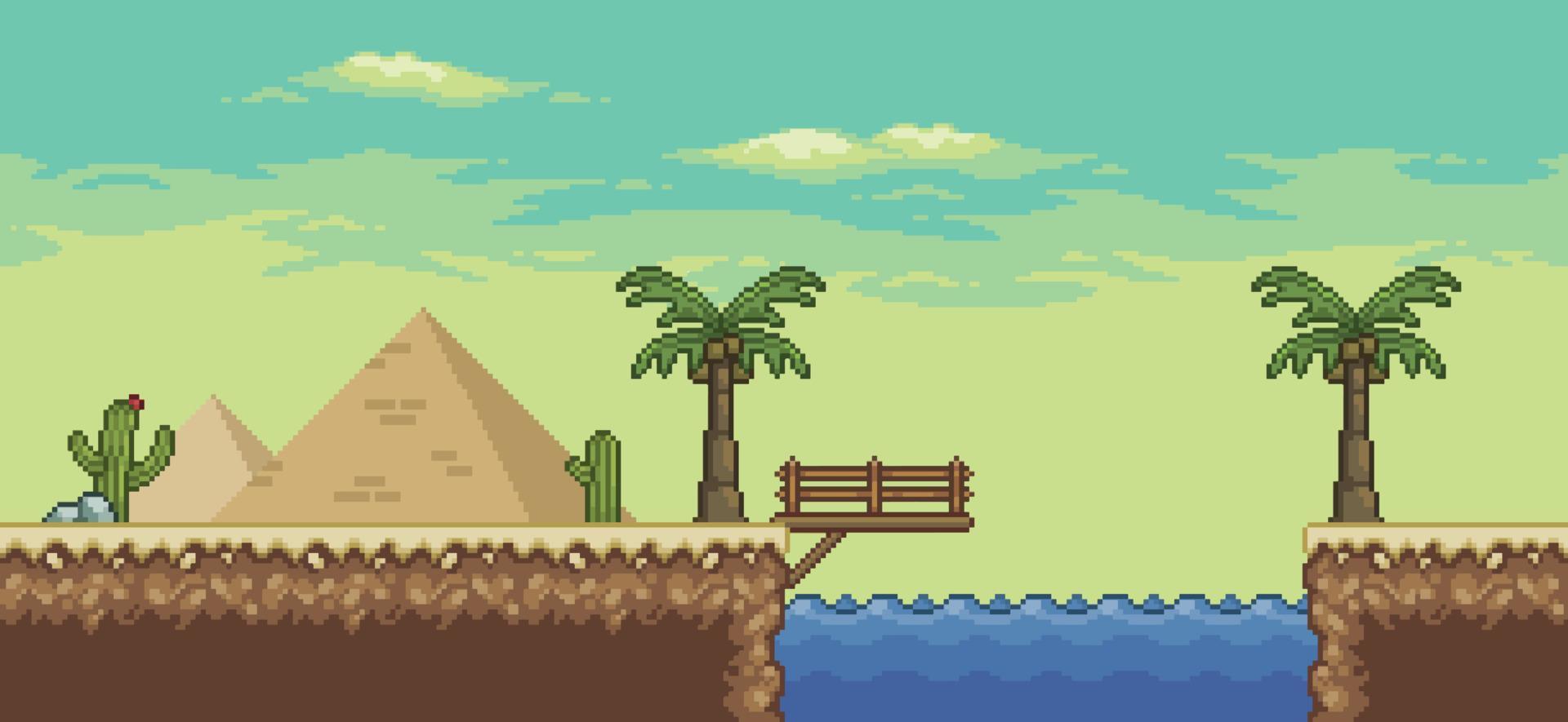 Pixelkunst-Wüstenspielszene mit Pyramide, Oase, Brücke, Palme, Kakteen, Richtungstafel 8-Bit-Hintergrund vektor