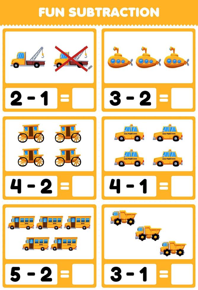 utbildningsspel för barn rolig subtraktion genom att räkna och eliminera tecknade gula transportbilder vektor