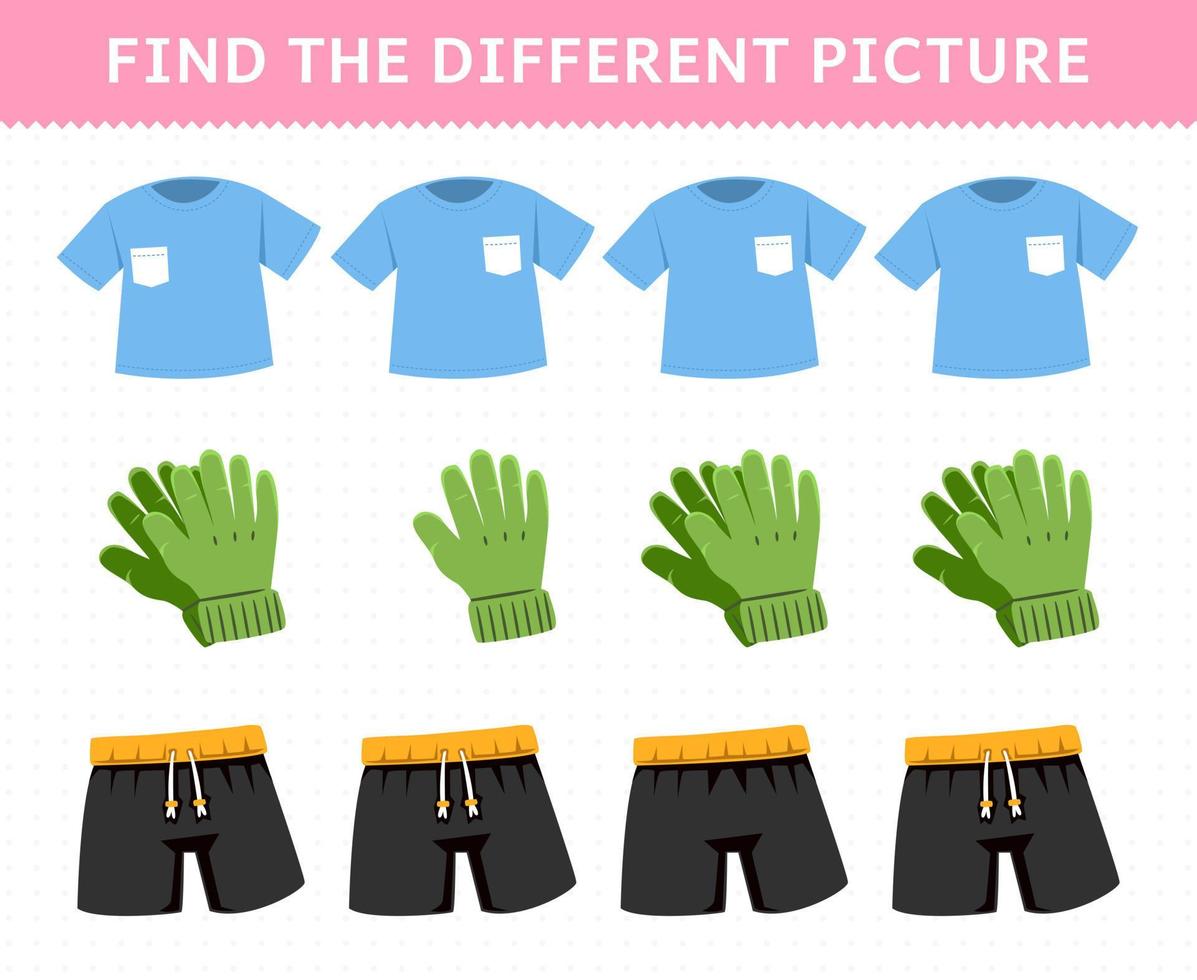 bildungsspiel für kinder finden sie das unterschiedliche bild in jeder reihe cartoon tragbare kleidung t-shirt handschuhe hose vektor