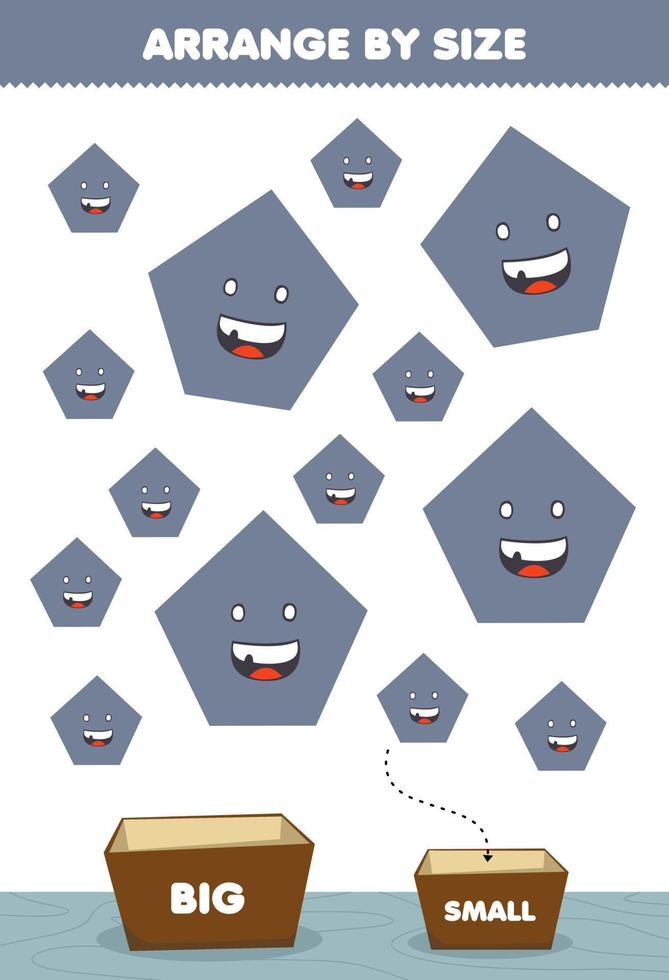 utbildningsspel för barn ordna efter storlek stor eller liten lägg den i lådan söta tecknade geometriska former femhörna bilder vektor