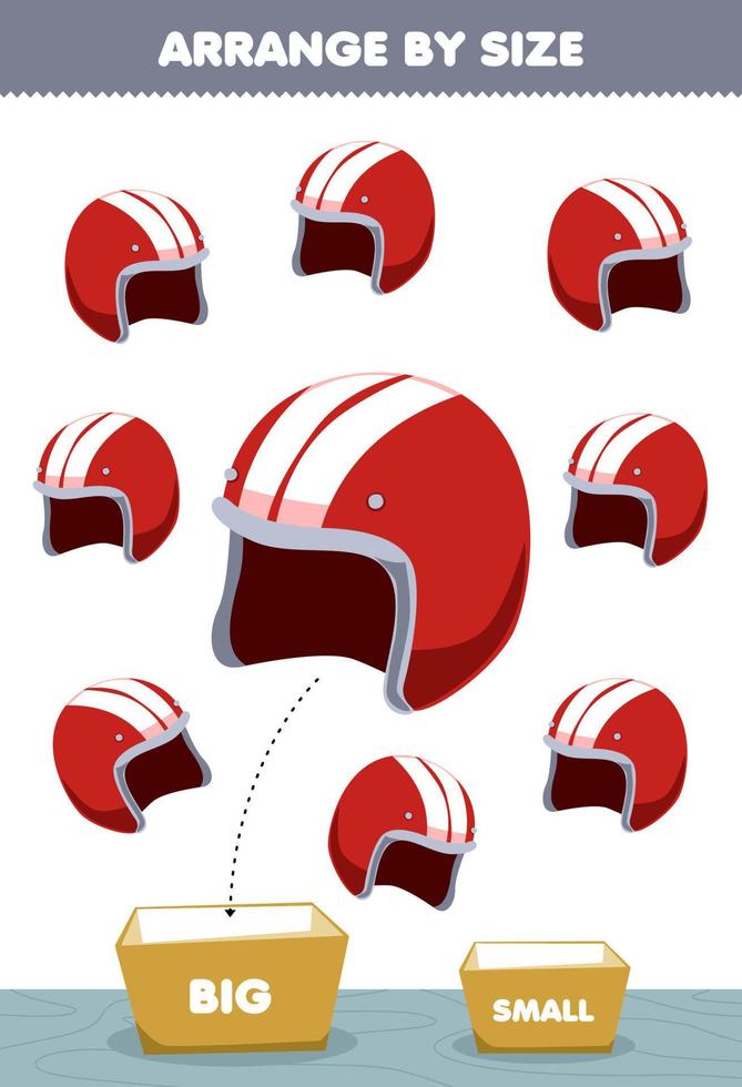 Lernspiel für Kinder Sortieren nach Größe groß oder klein in die Schachtel legen Cartoon tragbare Kleidung roter Helm Bilder vektor