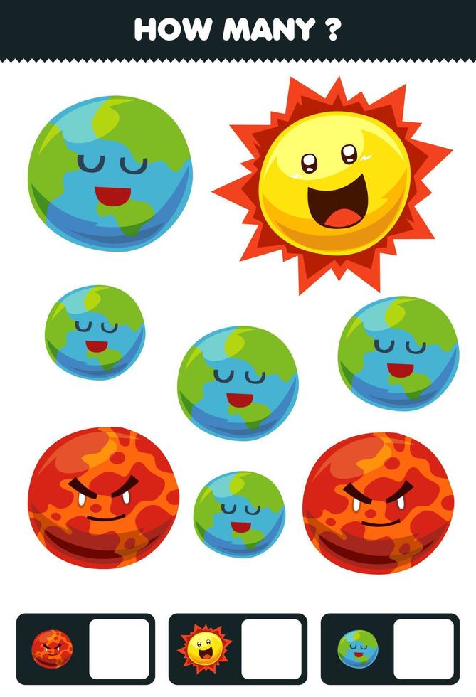 utbildningsspel för barn som söker och räknar hur många objekt söt tecknad solsystem planeten jorden mars solen vektor