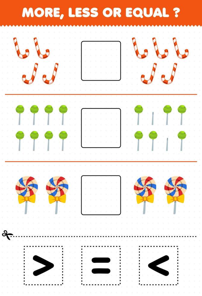 Bildungsspiel für Kinder mehr weniger oder gleich zählen Sie die Menge der süßen Süßigkeit des Karikaturlebensmittels, schneiden Sie dann und kleben Sie das richtige Zeichen vektor