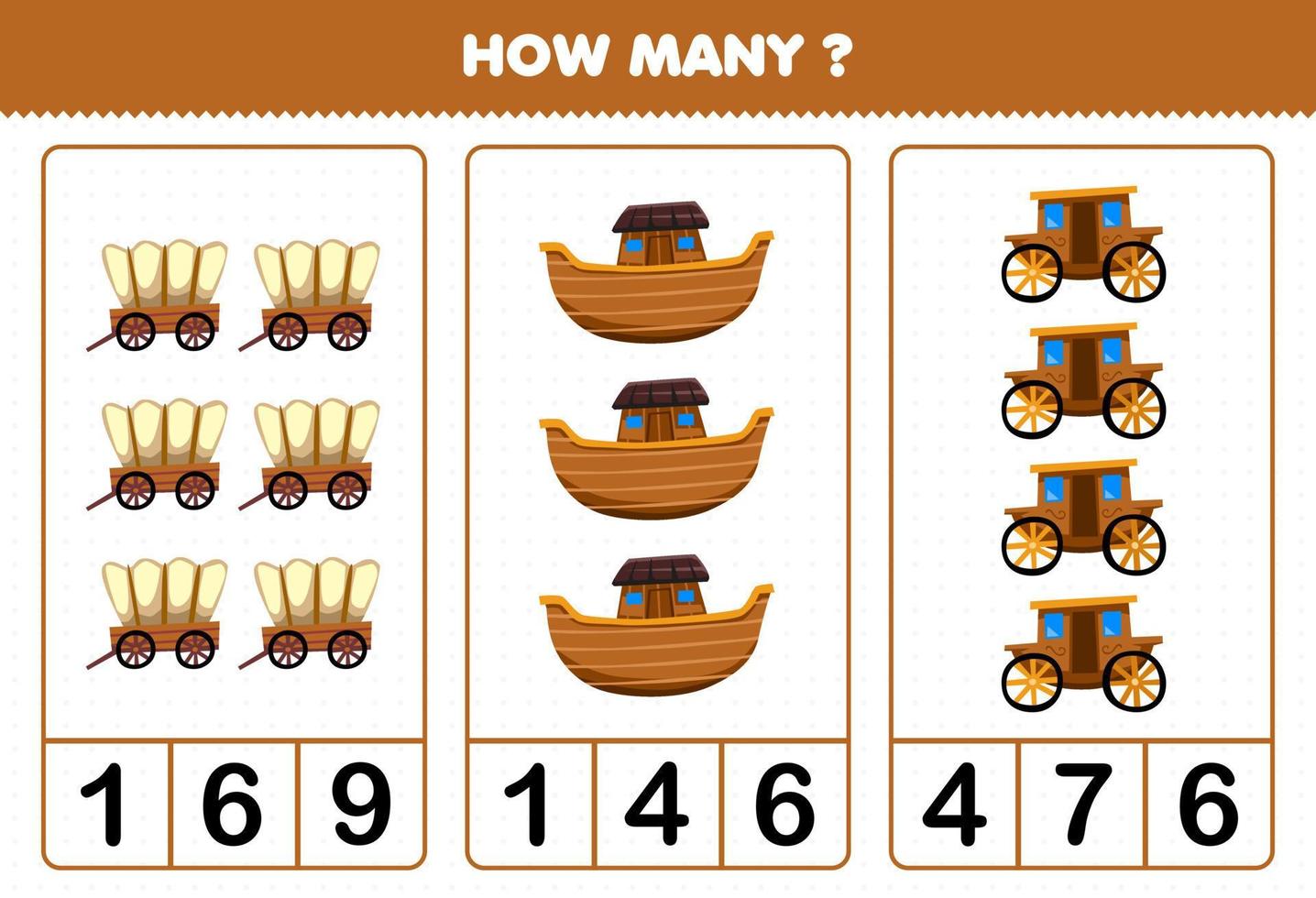 Bildungsspiel für Kinder, die zählen, wie viele Cartoon-Holztransportwagen Archenwagen vektor