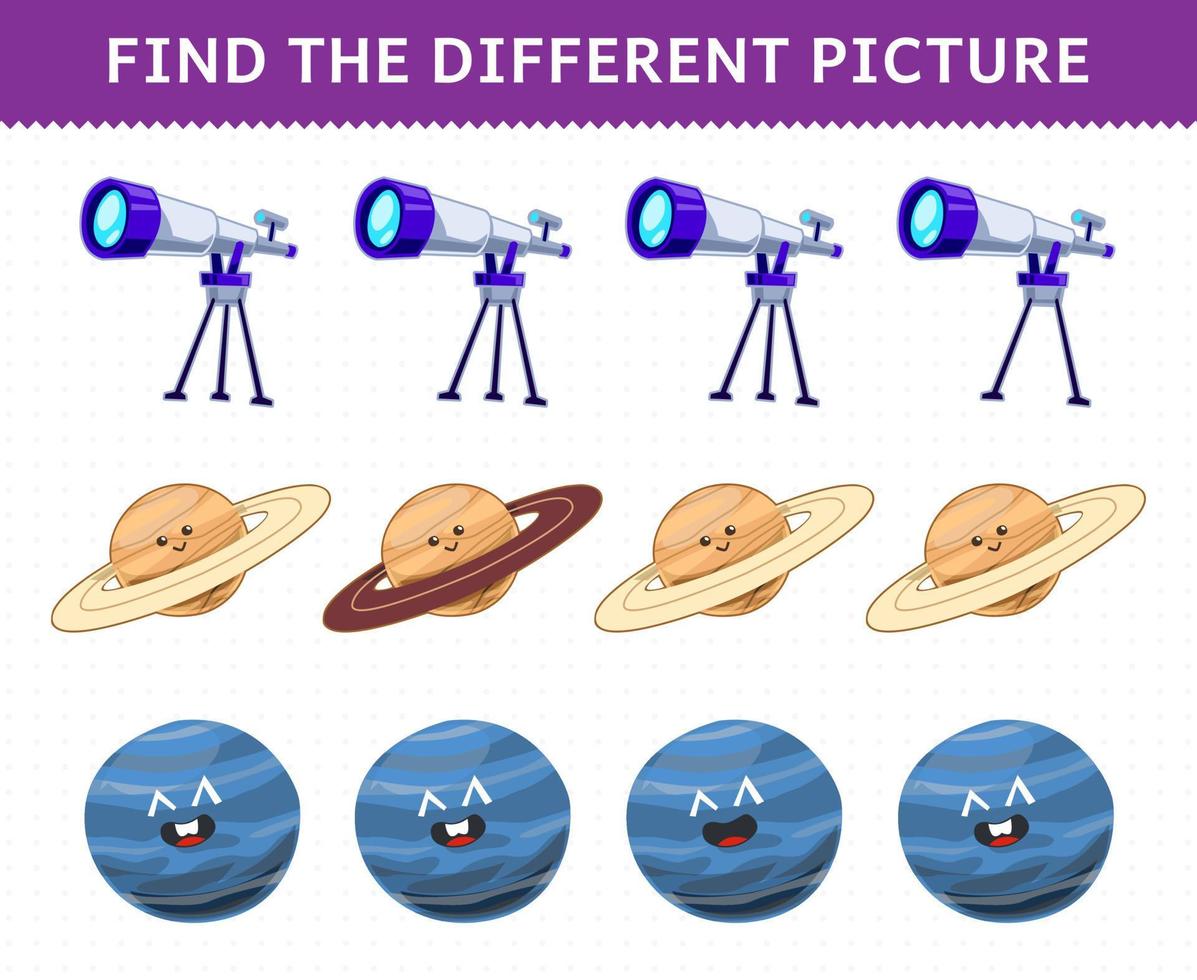 Lernspiel für Kinder Finden Sie das andere Bild in jeder Reihe niedlichen Cartoon-Teleskop des Sonnensystems Saturn-Neptun-Planet vektor
