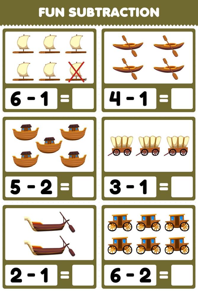 utbildningsspel för barn rolig subtraktion genom att räkna och eliminera tecknade trätransportbilder vektor