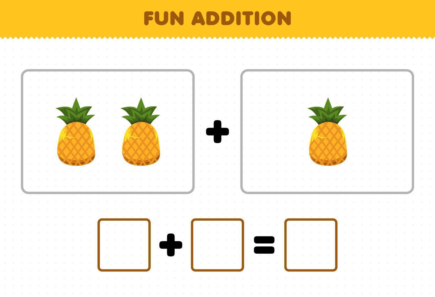 Bildungsspiel für Kinder Spaßzusatz durch Zählen des Arbeitsblatts für Cartoon-Frucht-Ananas-Bilder vektor