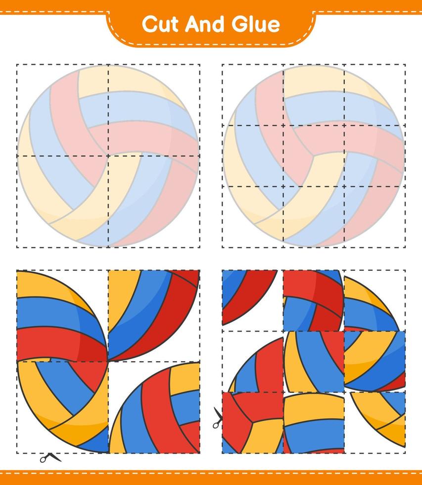 schneiden und kleben, Volleyballteile ausschneiden und kleben. pädagogisches kinderspiel, druckbares arbeitsblatt, vektorillustration vektor