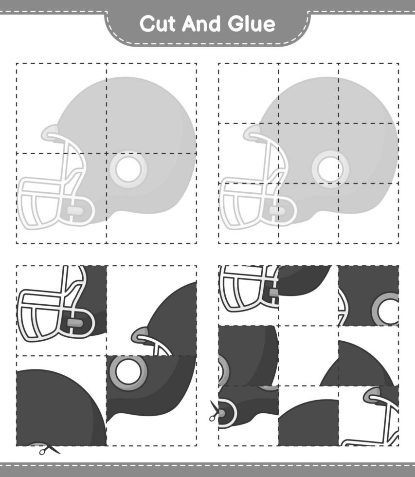 ausschneiden und kleben, Teile des Fußballhelms ausschneiden und kleben. pädagogisches kinderspiel, druckbares arbeitsblatt, vektorillustration vektor