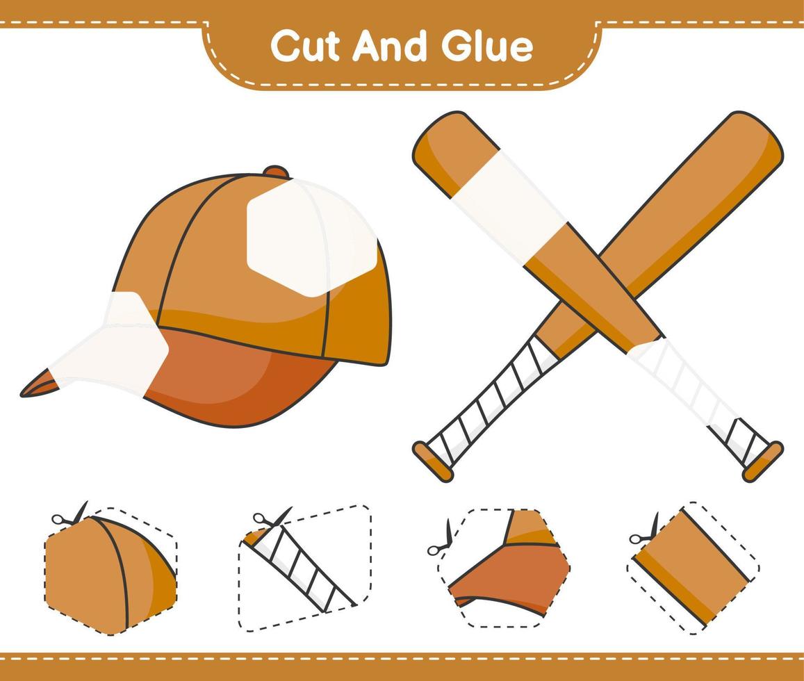 klipp och limma, klipp delar av mössa, basebollträ och limma dem. pedagogiskt barnspel, utskrivbart kalkylblad, vektorillustration vektor