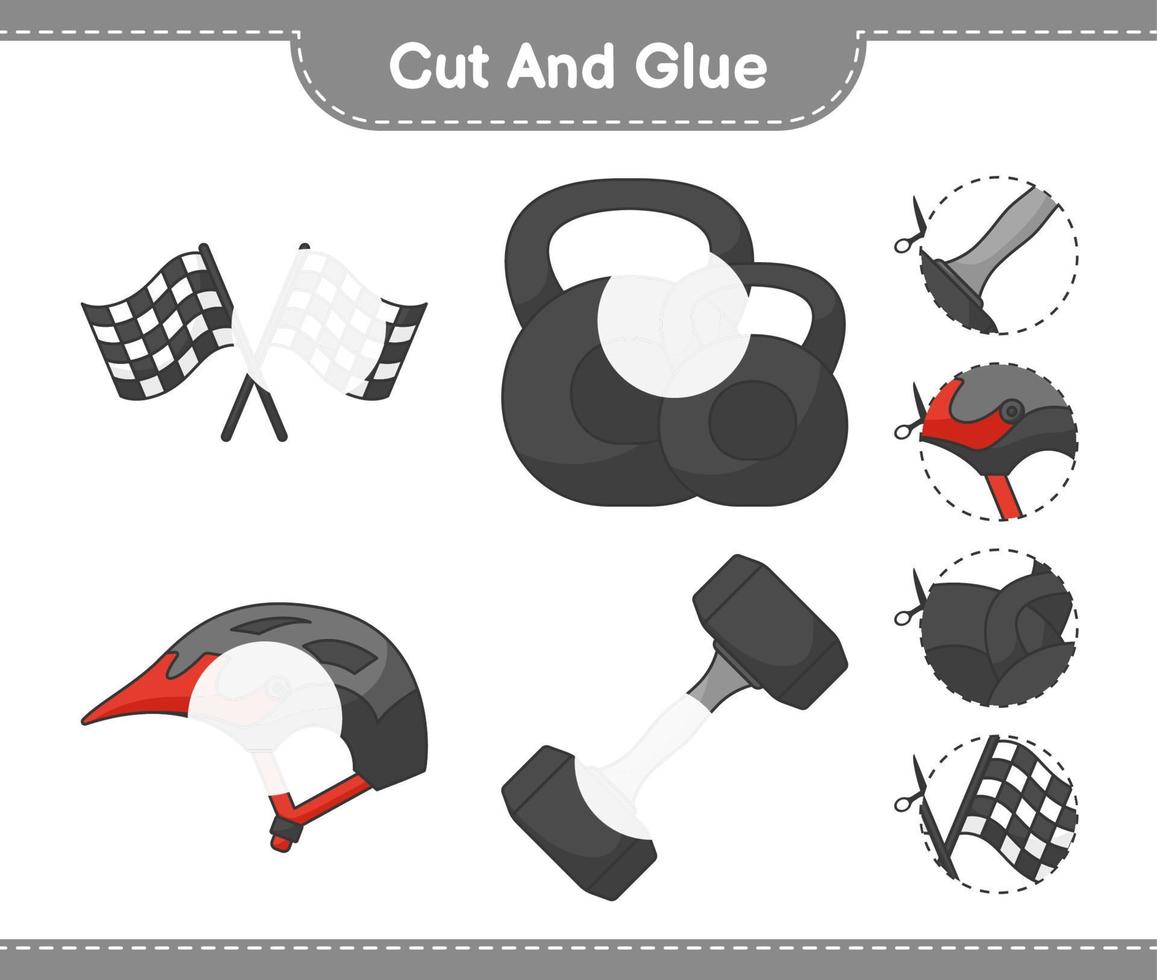 klippa och limma, klippa delar av hantel, racingflaggor, cykelhjälm och limma dem. pedagogiskt barnspel, utskrivbart kalkylblad, vektorillustration vektor