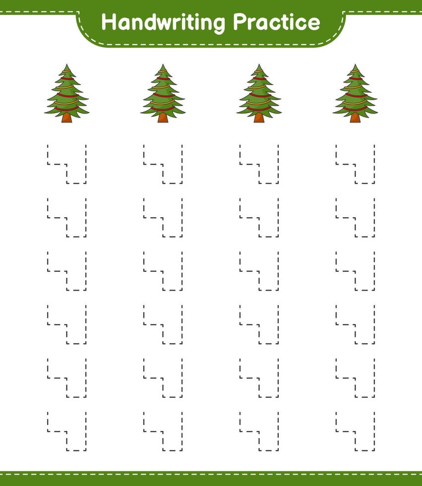 övning i handstil. spåra linjer av julgran. pedagogiskt barnspel, utskrivbart kalkylblad, vektorillustration vektor