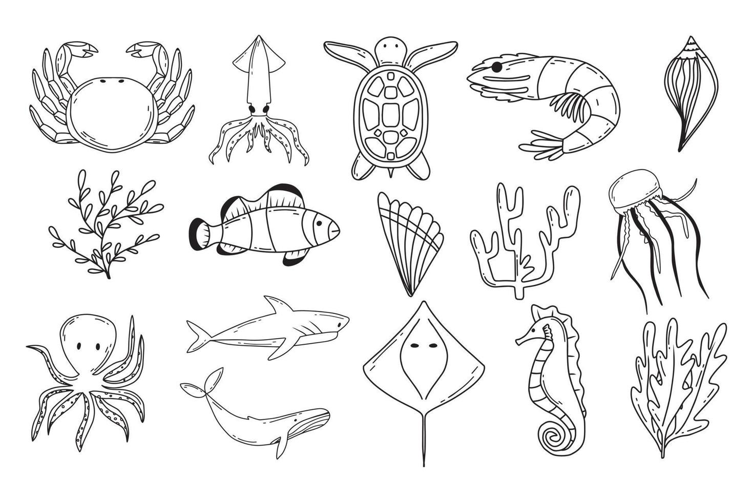 vektorillustration von niedlichen meerestieren. Vektorset von Meerestieren. Delfine, Haie, Wale, Schildkröten, Tintenfische, Krabben, Quallen. Vektor-Illustration. Doodle-Stil. vektor