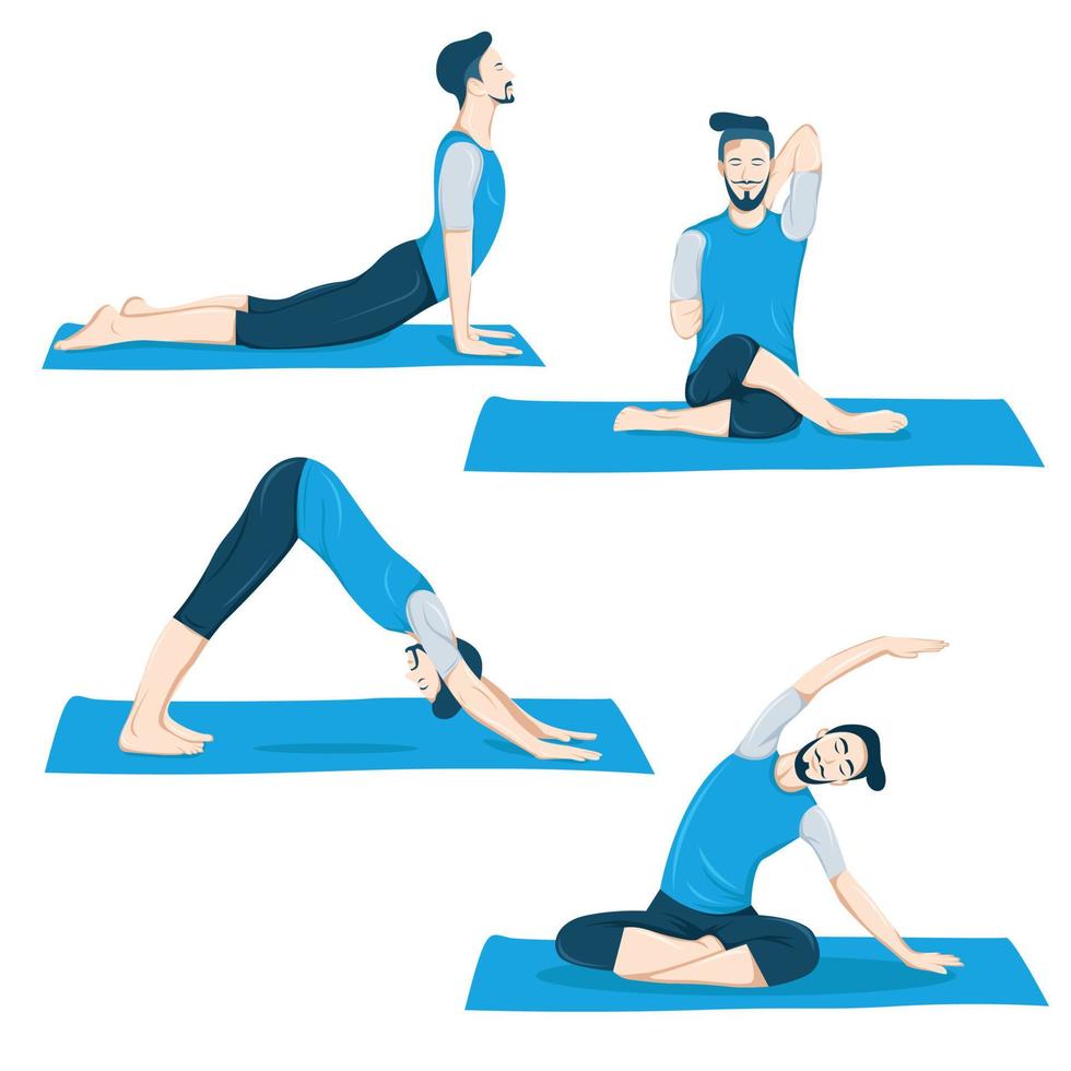 eine Reihe von Yoga-Haltungen für männliche Figuren 4 Yoga-Posen in einem flachen Design. vektor