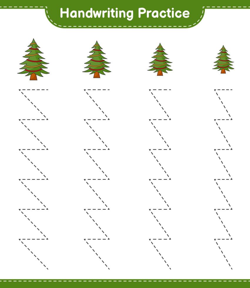 övning i handstil. spåra linjer av julgran. pedagogiskt barnspel, utskrivbart kalkylblad, vektorillustration vektor