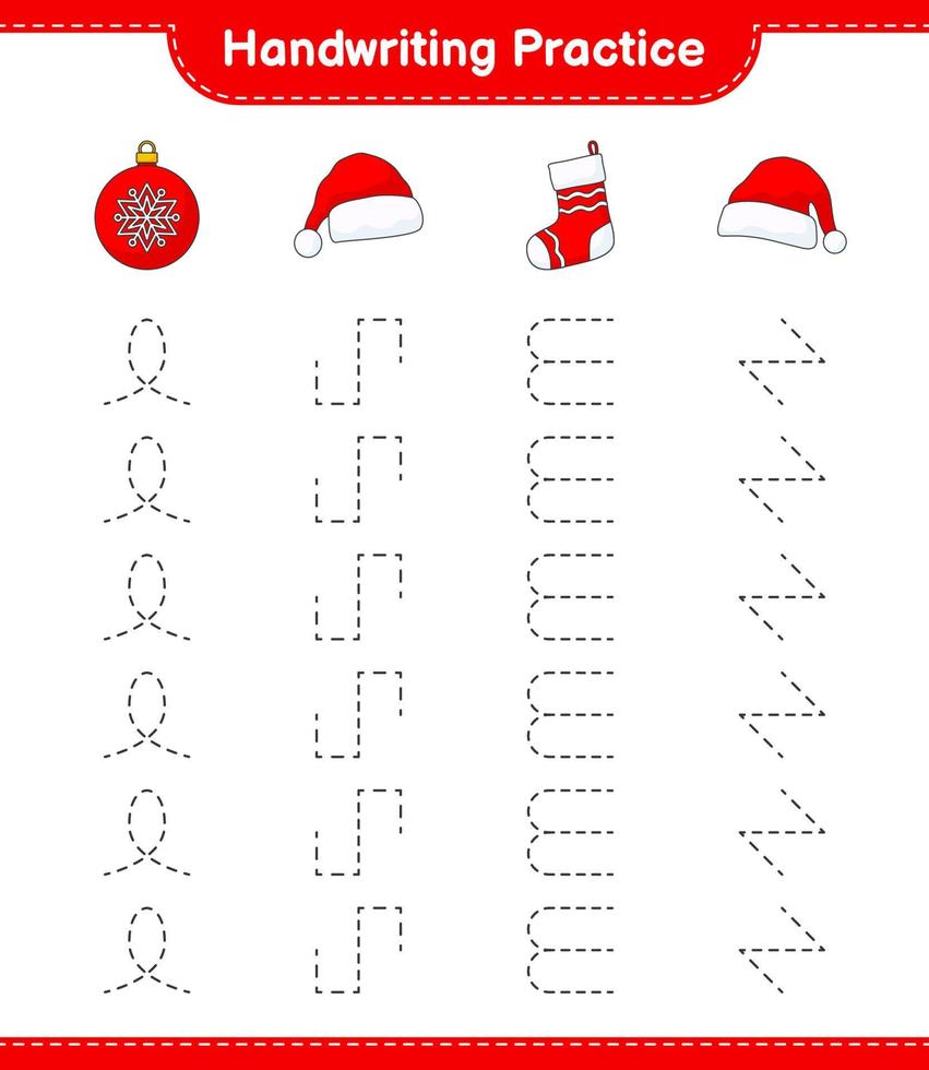 övning i handstil. spåra linjer av julkula, tomtehatt och julstrumpa. pedagogiskt barnspel, utskrivbart kalkylblad, vektorillustration vektor