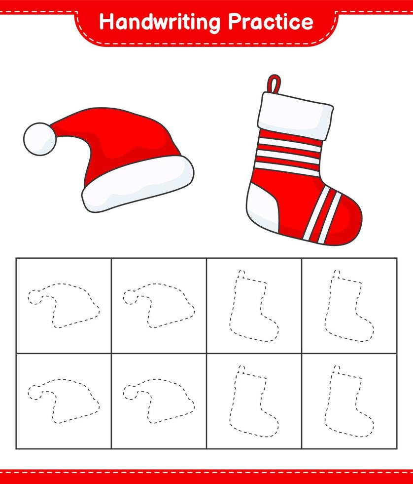 övning i handstil. spåra linjer av tomteluva och julstrumpa. pedagogiskt barnspel, utskrivbart kalkylblad, vektorillustration vektor