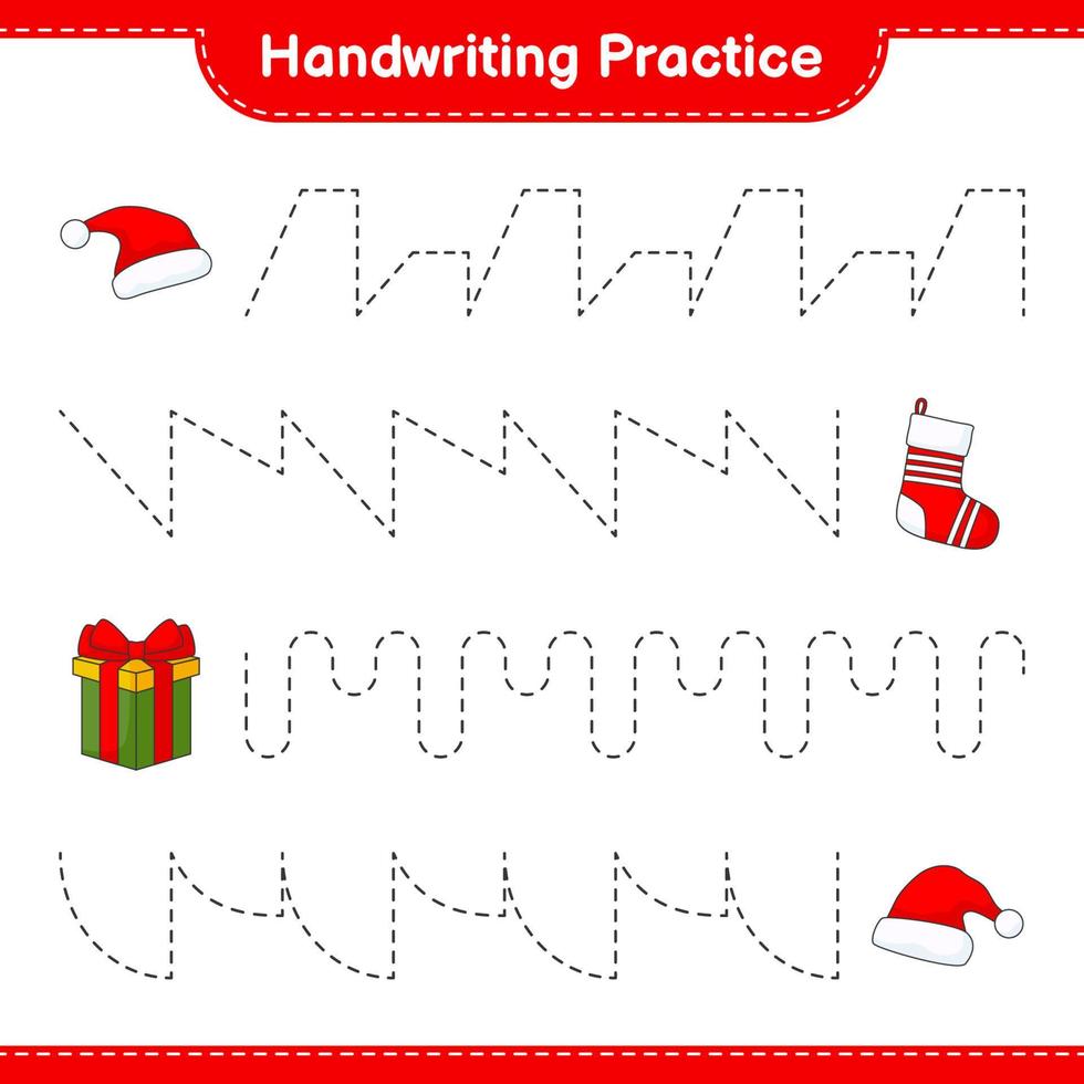 övning i handstil. spåra linjer av tomteluva, presentförpackning och julstrumpa. pedagogiskt barnspel, utskrivbart kalkylblad, vektorillustration vektor