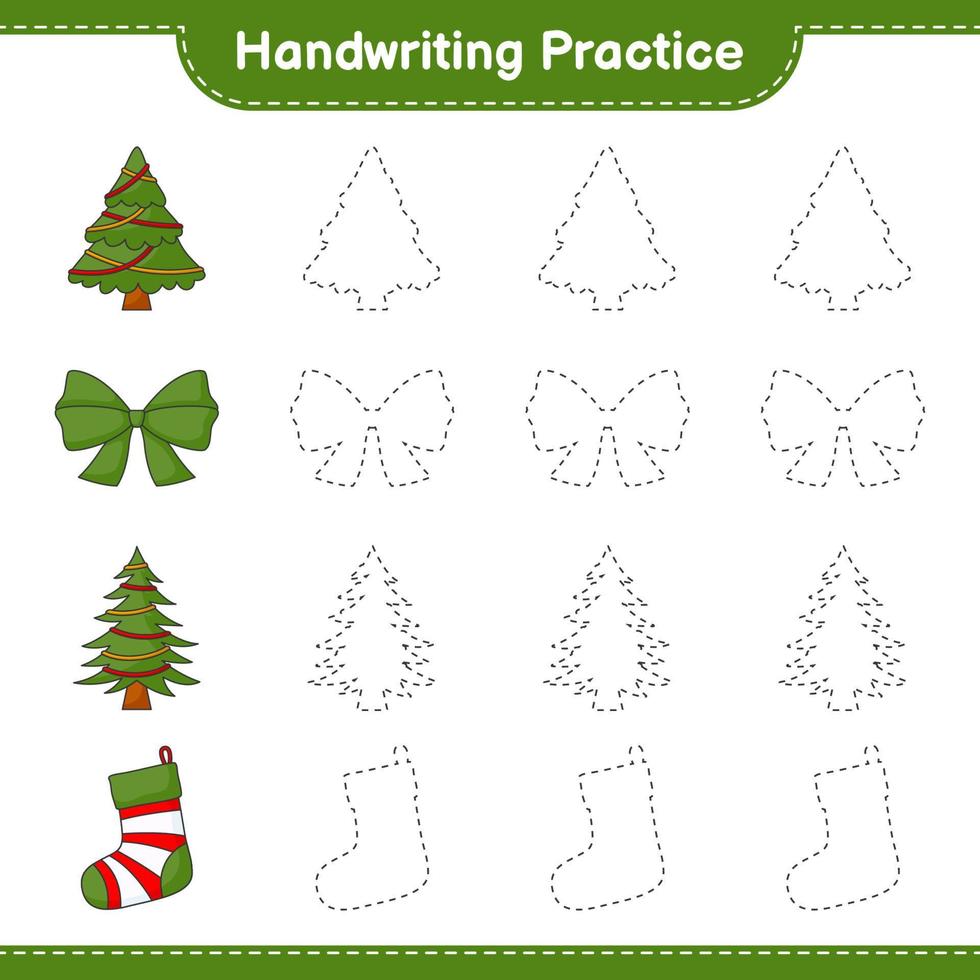övning i handstil. spåra linjer av träd, band och julstrumpa. pedagogiskt barnspel, utskrivbart kalkylblad, vektorillustration vektor