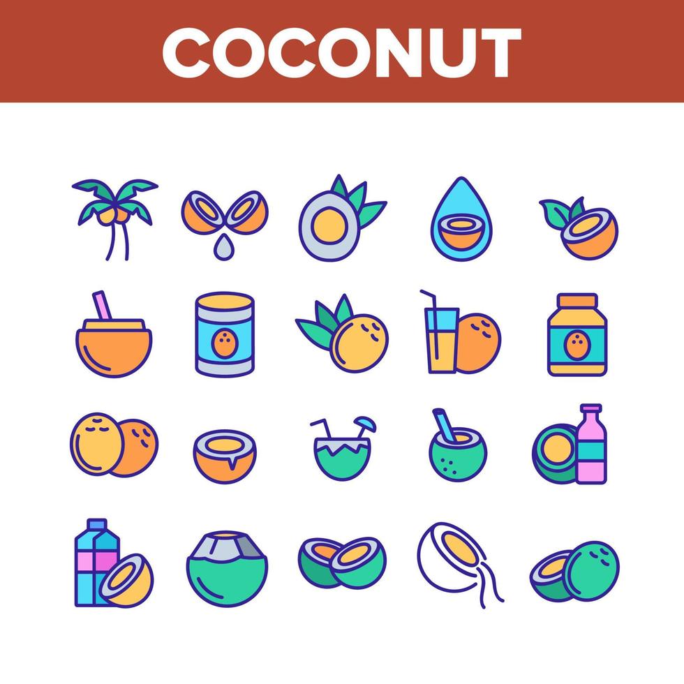 Symbole für Kokosnuss-Lebensmittelsammlungselemente setzen Vektor