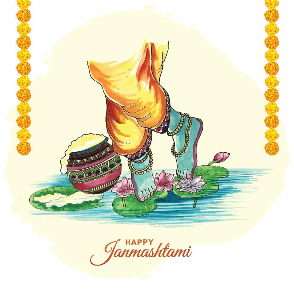 handrita akvarell av lord krishnas fötter i happy janmashtami festival kortdesign vektor