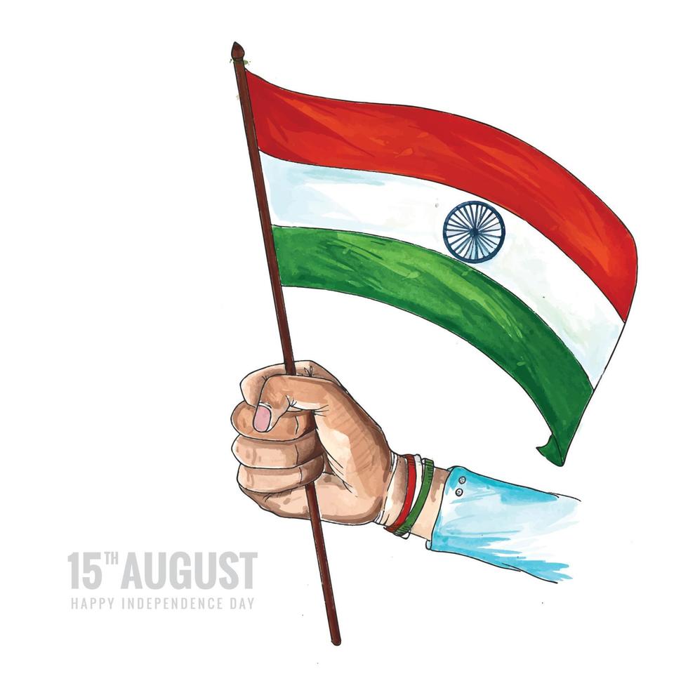 hand rita akvarell hand som håller indiska flaggan kort bakgrund vektor