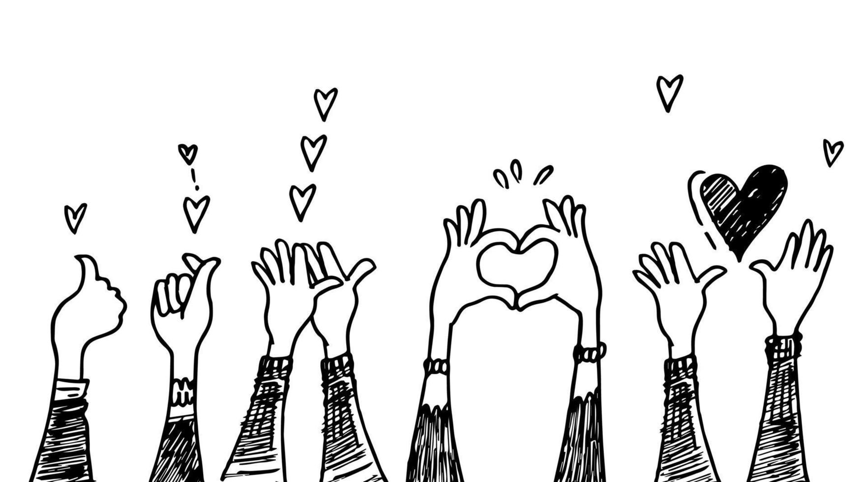 doodle händerna upp, händerna klappar av kärlek. applåder gester. grattis företag. vektor illustration