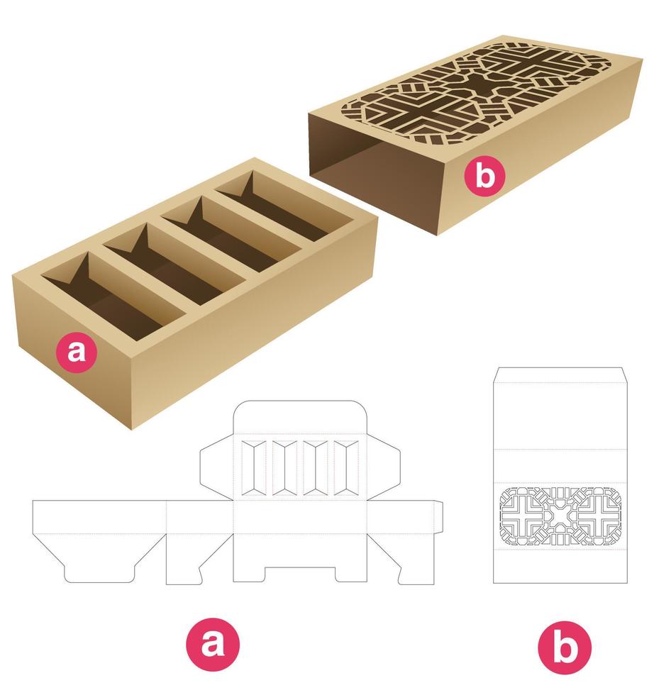 Unterstützerbox mit Schablonenmuster einlegen, gestanzte Schablone und 3D-Modell abdecken vektor