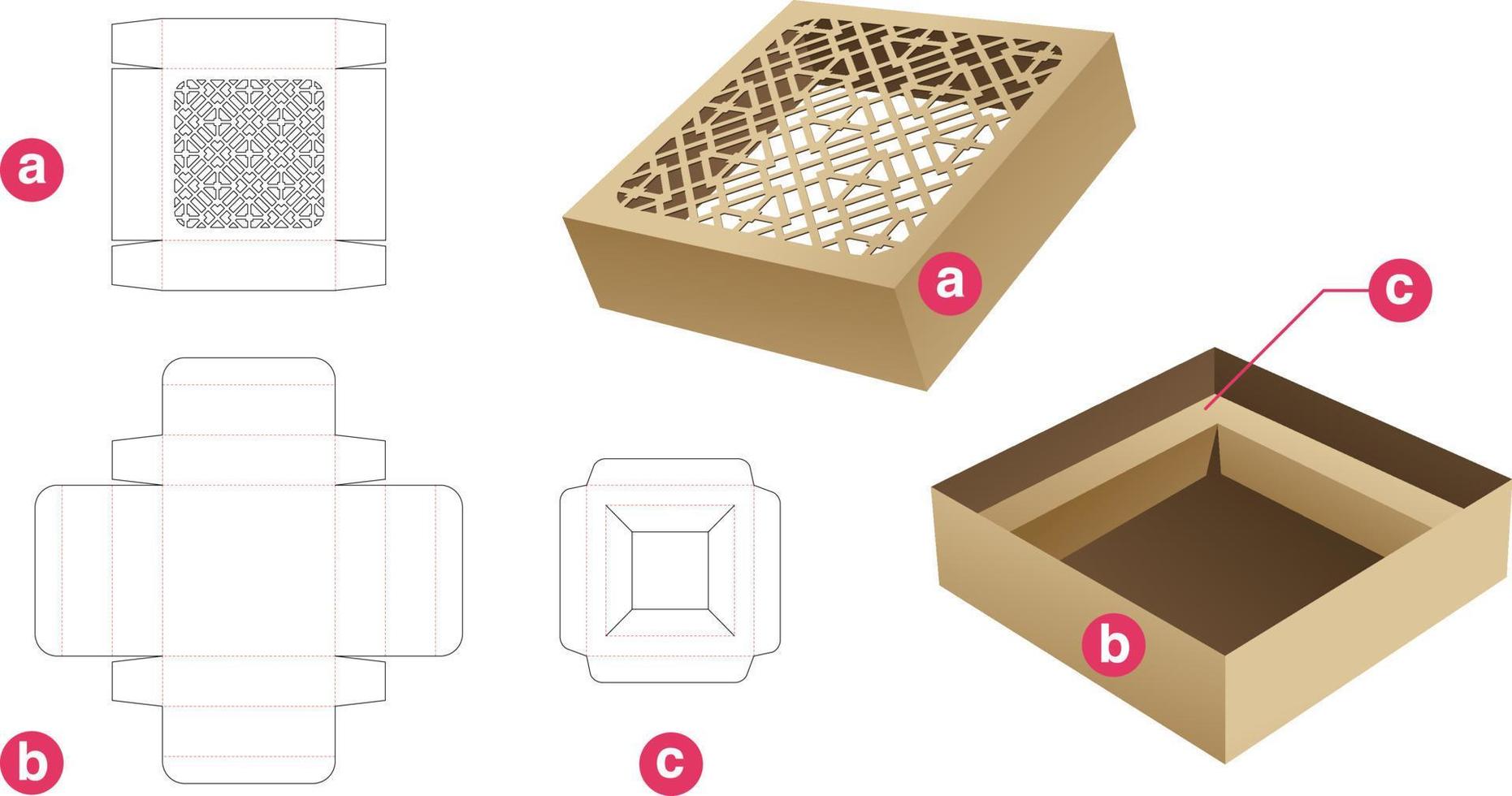 burkförpackningslåda och lock med stencilerat mönster med stansad mall och 3D-modell vektor