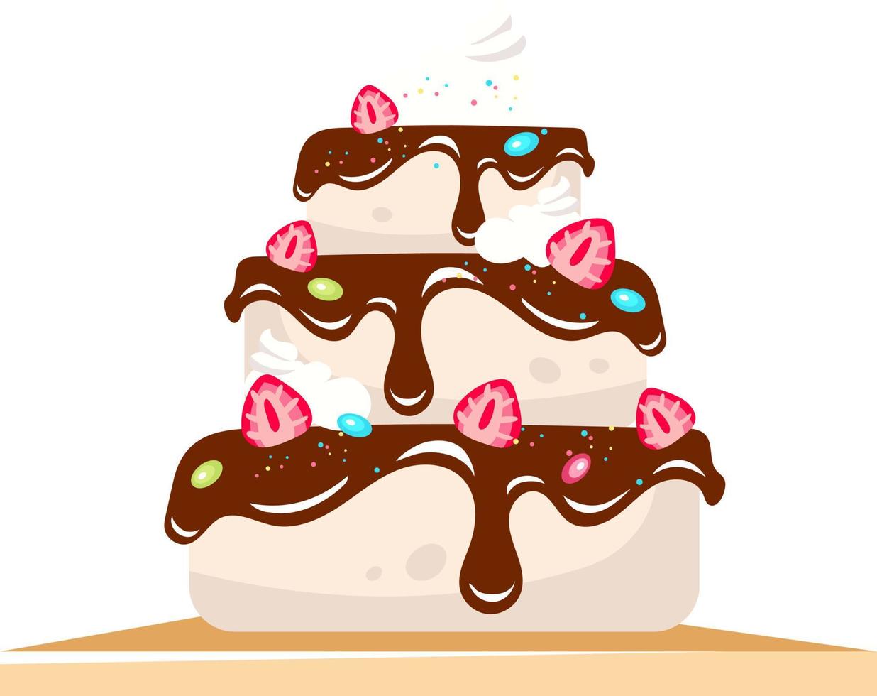Kuchenstufe mit Schokoladenglasur und Beeren halbflaches Farbvektorobjekt. Artikel in voller Größe auf weiß. einfache karikaturartillustration des feiertagsdesserts für webgrafikdesign und -animation vektor