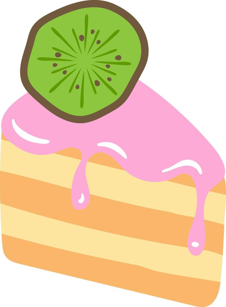 Portion Kuchen mit rosa Zuckerguss und halbflachem Kiwi-Farbvektorobjekt. Artikel in voller Größe auf weiß. einfache karikaturartillustration des süßwarenprodukts für webgrafikdesign und -animation vektor