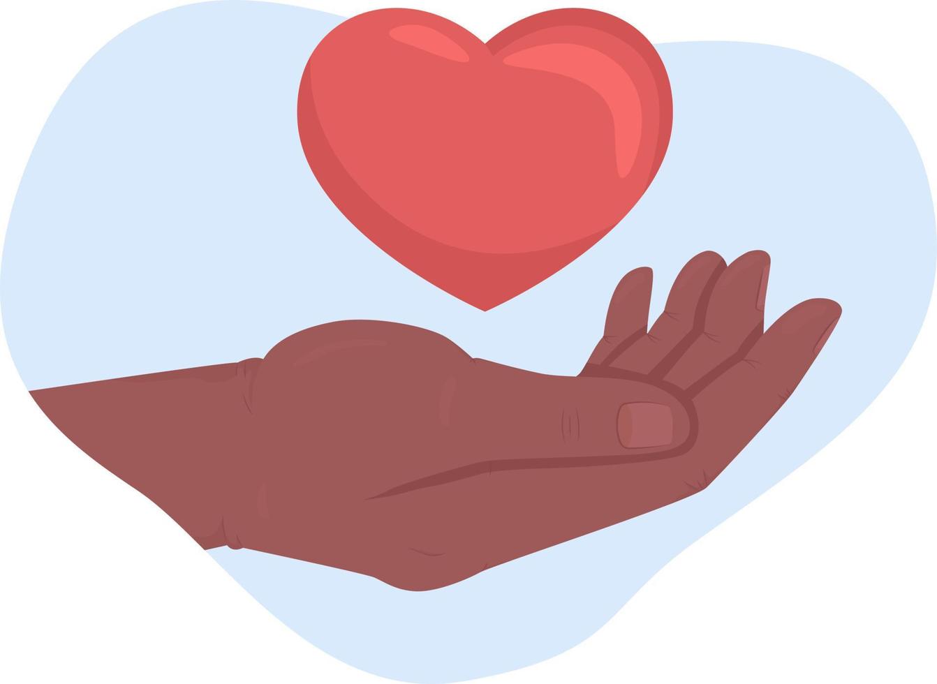 humanitäre hilfe 2d-vektor isolierte illustration. flache Handgeste der Palme und des Herzens auf Karikaturhintergrund. Freundlichkeit und Mitgefühl bunt editierbare Szene für Handy, Website, Präsentation vektor
