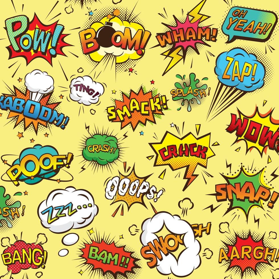 Comic-Sprechblasen oder Sound-Nachbildungen für Kaboom-Explosion, Crash und Wham, Ups und Oh, Pow und Boom Bomb, Snap und Zzz, OMG und wütendes Argh. Lautmalerei und Ausrufethema vektor