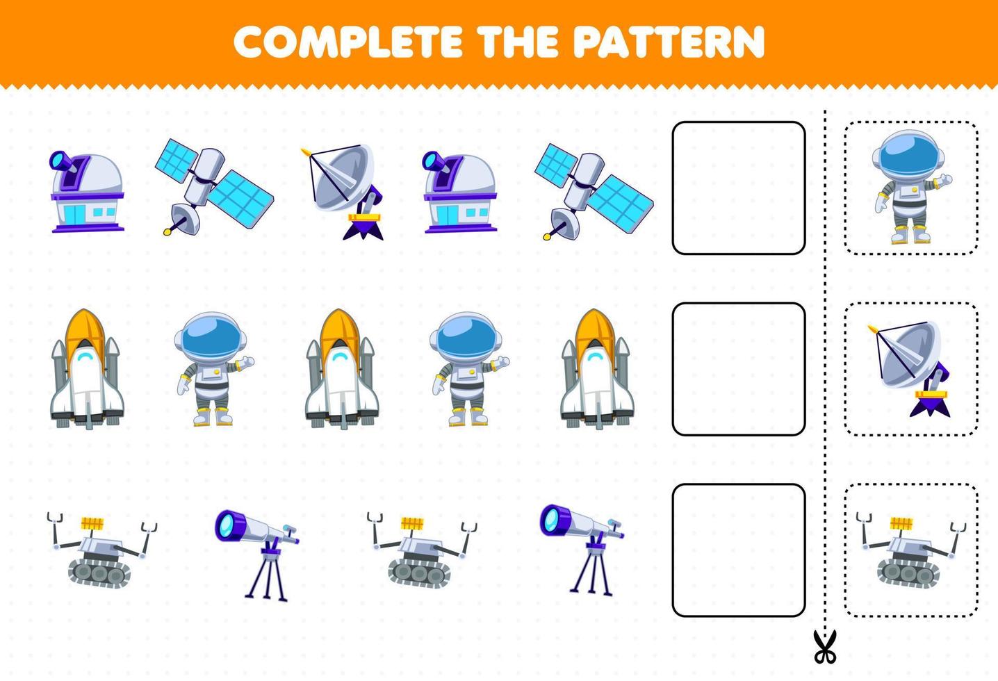 Lernspiel für Kinder Vervollständigen Sie das Muster Logisches Denken Finden Sie die Regelmäßigkeit und setzen Sie die Reihenaufgabe mit dem niedlichen Cartoon Sonnensystem Planetarium Satellitenradar Raumschiff Astronautenteleskop fort vektor