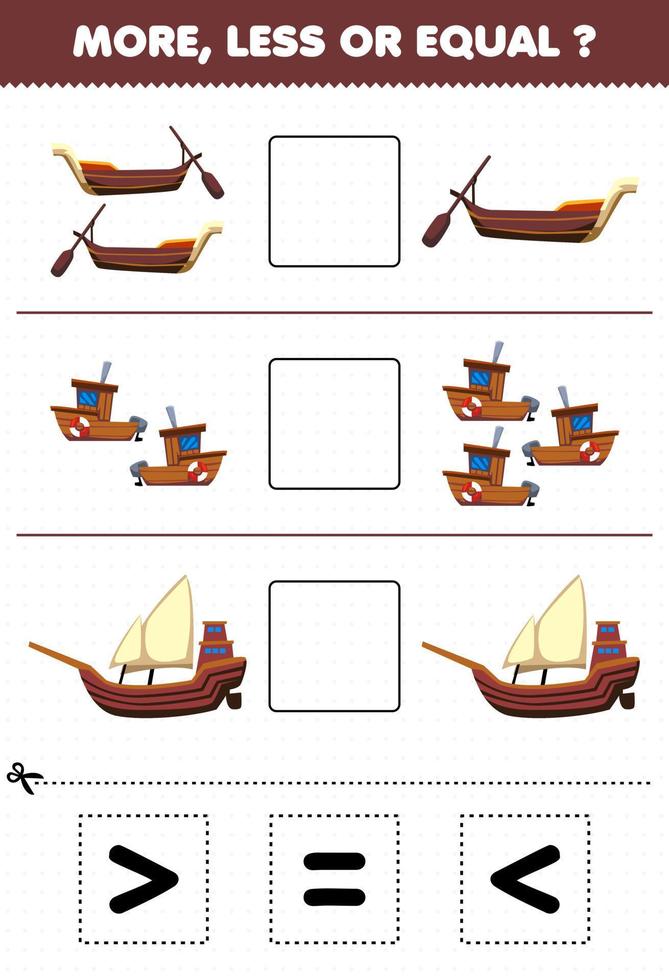 Bildungsspiel für Kinder mehr weniger oder gleich Zählen Sie die Menge an Cartoon-Holztransport-Gondelschiff xebec, schneiden Sie dann und kleben Sie das richtige Zeichen vektor