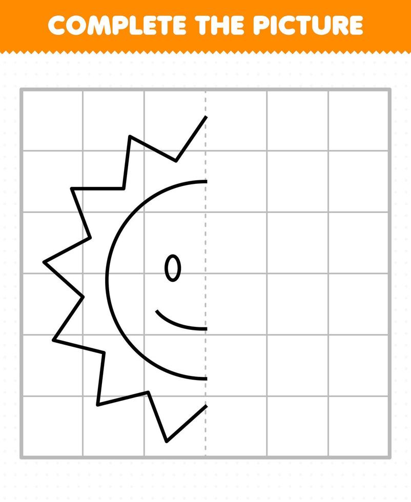 utbildning spel för barn slutföra bilden söt tecknad solsystem sol halv kontur för ritning vektor