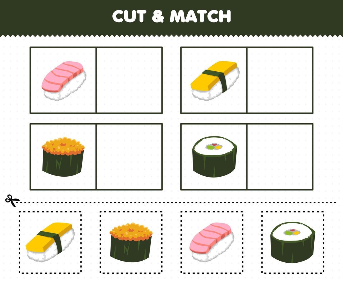 utbildningsspel för barn klipp och matcha samma bild av tecknad japansk mat sushi utskrivbart kalkylblad vektor