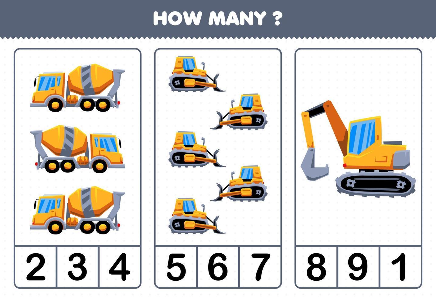 utbildning spel för barn räkna hur många tecknad tung maskin transport koncentrat mixer lastbil bulldozer grävmaskin vektor