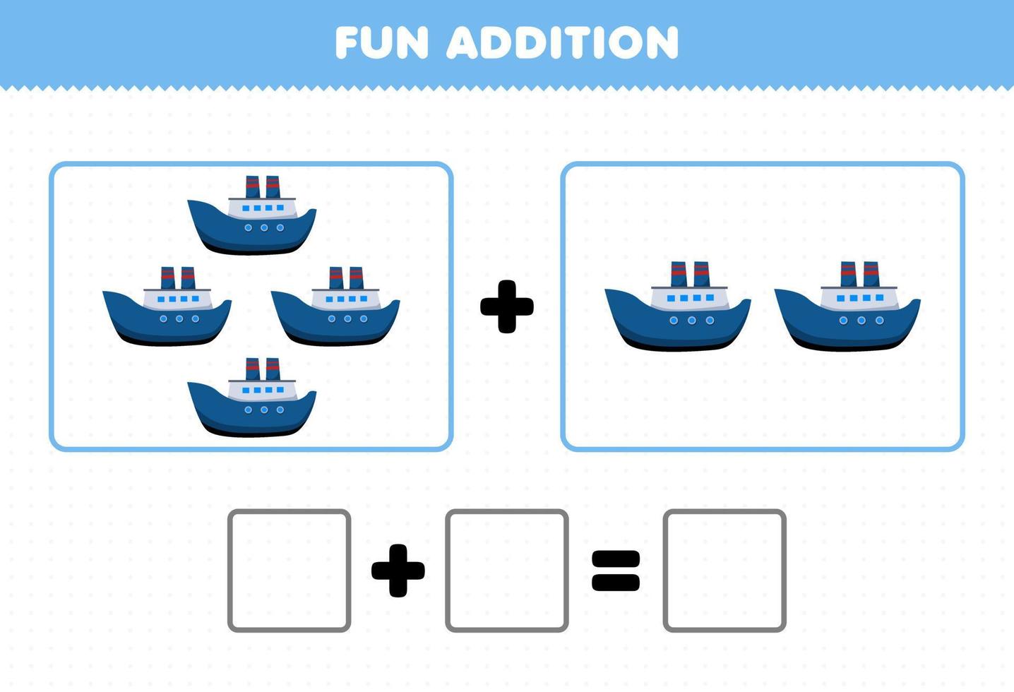 Bildungsspiel für Kinder Spaßzusatz durch Zählen des Arbeitsblattes für Cartoon-Transport-Fähre-Schiffsbilder vektor