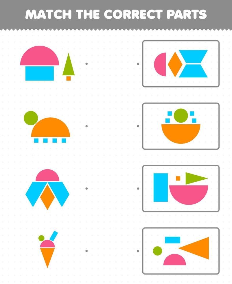 utbildningsspel för barn matcha de rätta delarna geometriska former 3 kvadrattriangel trapetscirkel romb rektangel utskrivbart kalkylblad vektor