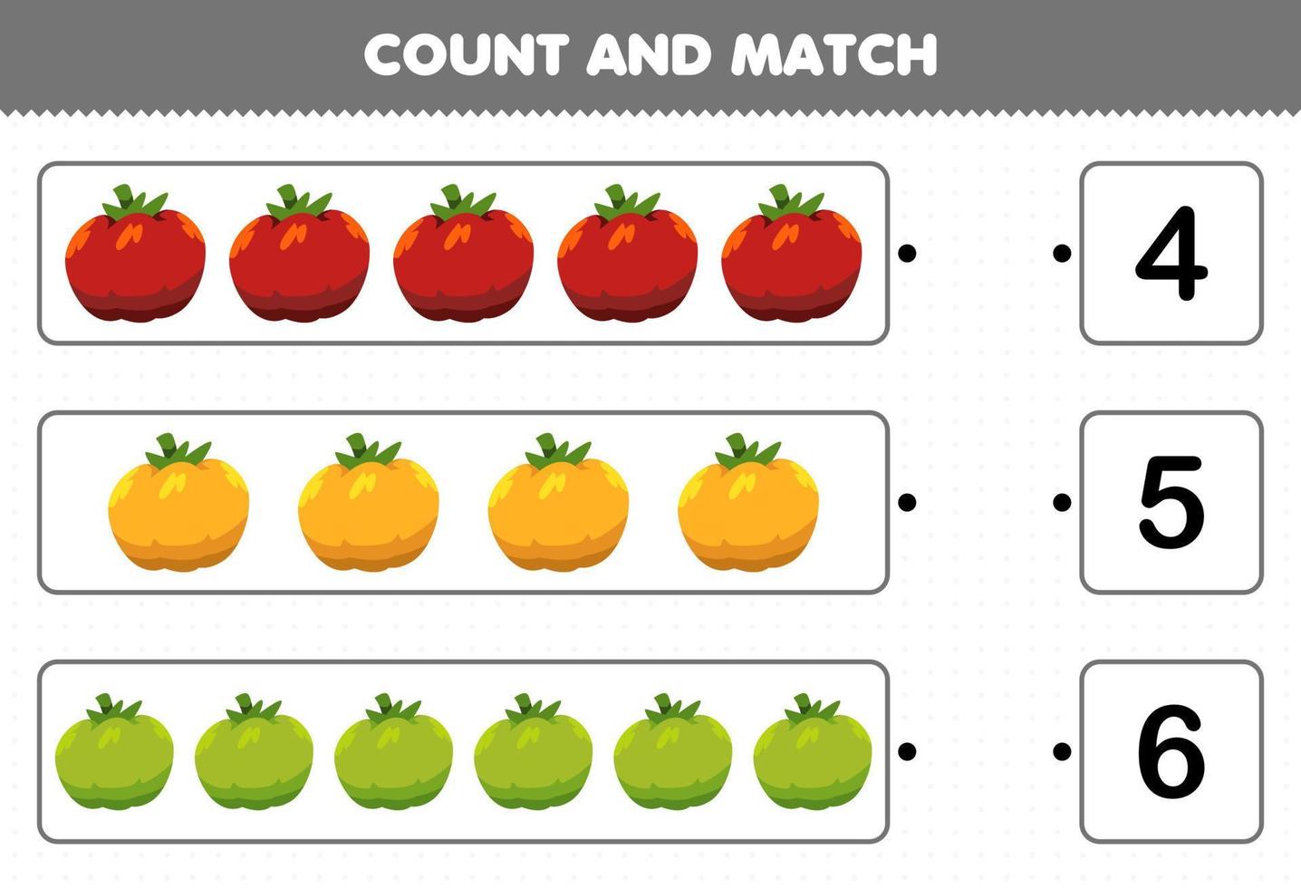 Bildungsspiel für Kinder Zähle und vergleiche die Anzahl der Cartoon-Gemüse-Tomaten und stimme mit den richtigen Zahlen überein. Druckbares Arbeitsblatt vektor