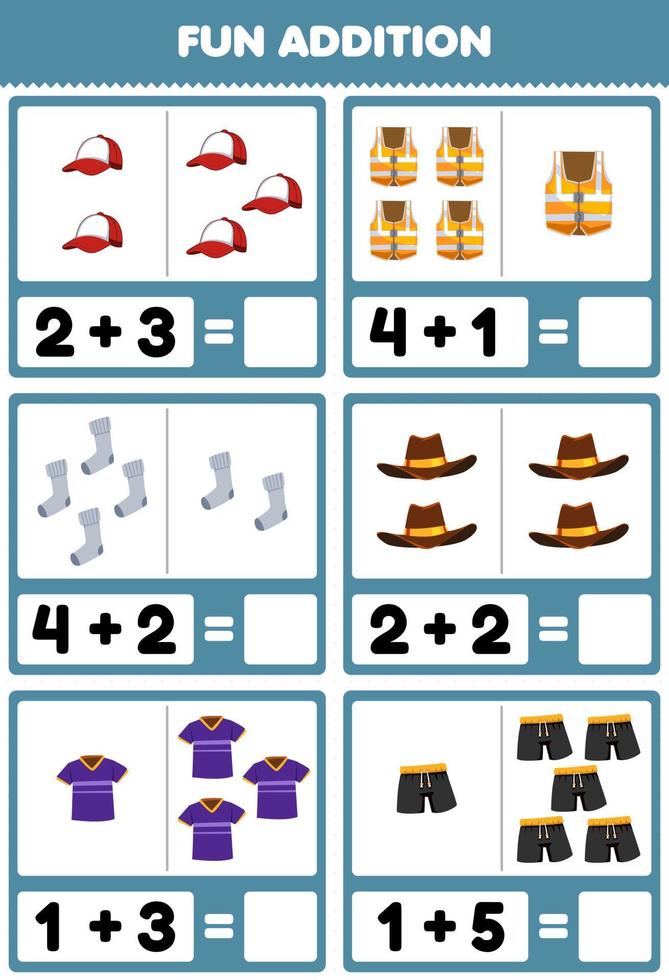 Bildung Spiel für Kinder Spaß Addition durch Zählen und Summe Cartoon tragbare Kleidung Mütze Notfall Weste Socken Cowboyhut Trikot Hemd Hose Bilder Arbeitsblatt vektor