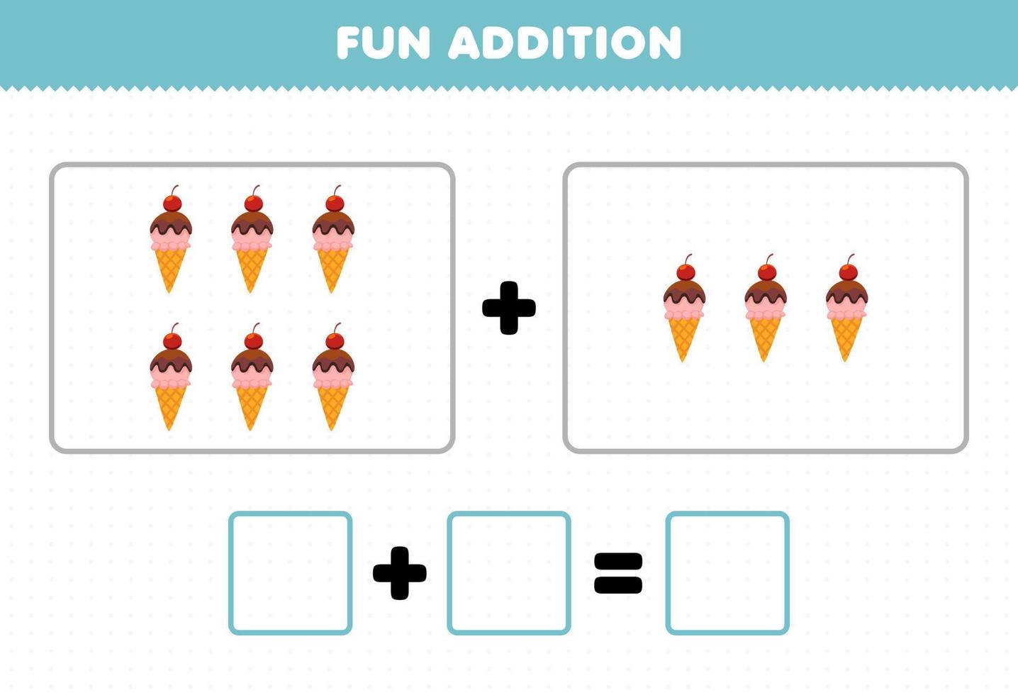 Bildungsspiel für Kinder Spaßzusatz durch Zählen des Arbeitsblatts für Cartoon-Lebensmittel-Eisbilder vektor