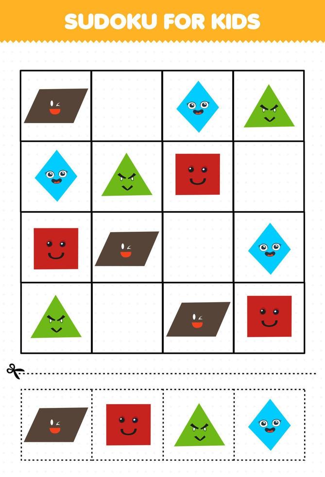 utbildning spel för barn sudoku för barn med söt tecknad geometrisk form parallellogram fyrkantig triangel romb bild vektor
