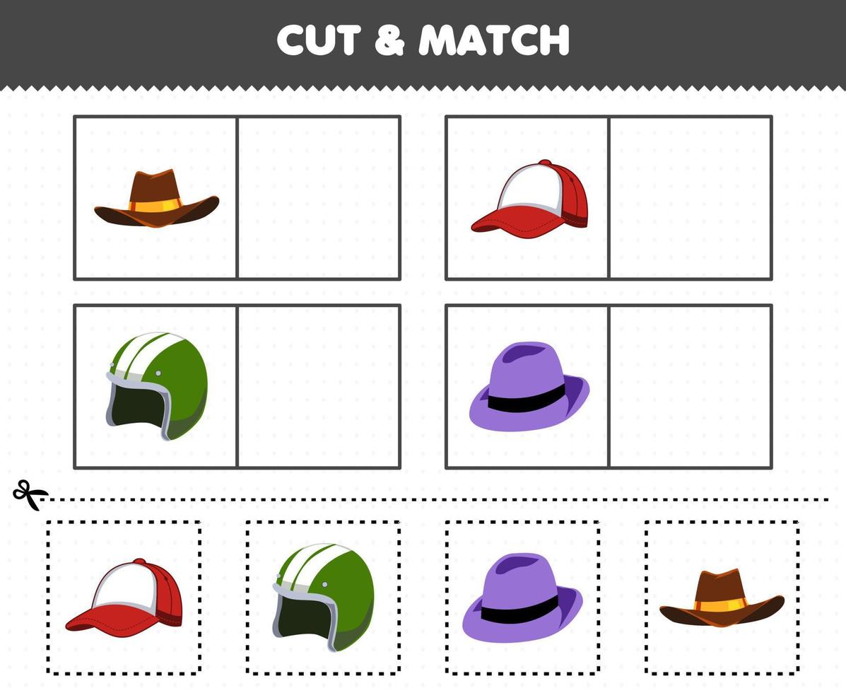 Lernspiel für Kinder Schneiden und passen Sie das gleiche Bild von Cartoon-Wearable-Cowboy-Hut-Cap-Helm-Fedora an vektor