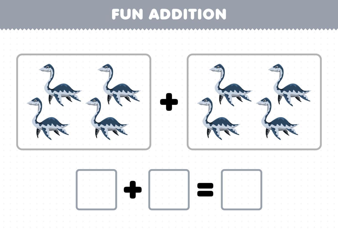 Bildungsspiel für Kinder Spaßzusatz durch Zählen des Arbeitsblattes mit niedlichen Cartoon-Dinosaurier-Plesiosaurierbildern vektor