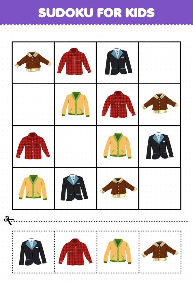 Lernspiel für Kinder Sudoku für Kinder mit Cartoon-Kleidung, Jacke, Flanell, Smoking, Anzug, Strickjacke, Bild vektor