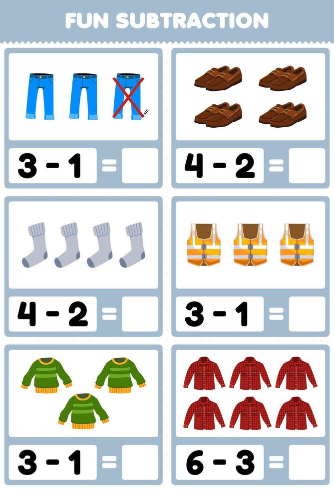 Bildungsspiel für Kinder Spaß Subtraktion durch Zählen und Eliminieren Cartoon tragbare Kleidung Jeansschuhe Socken Notfallweste Pullover Flanell Druckbares Arbeitsblatt vektor