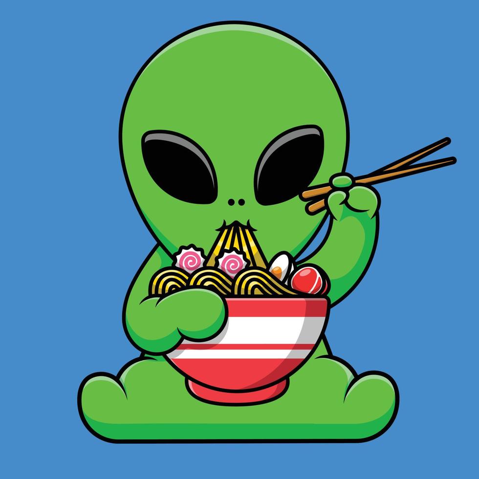 niedlicher alien, der ramen-nudel-cartoon-vektor-symbol-illustration isst. flaches karikaturkonzept des wissenschaftslebensmittels vektor